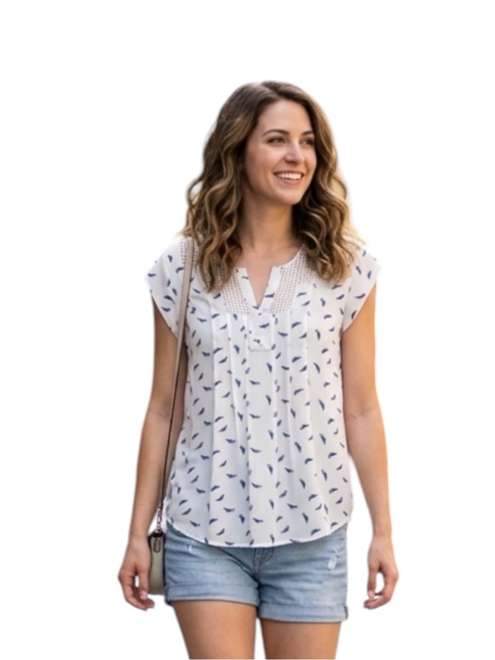 Daniel Rainn Anthropologie White Blouse with Navy Bird Print Size M